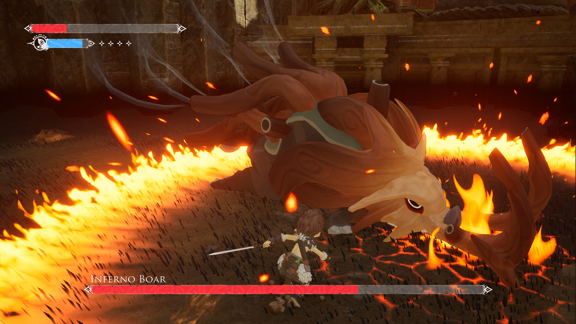 Winds of Viridia screenshot: a boss fight against a huge flaming boar.