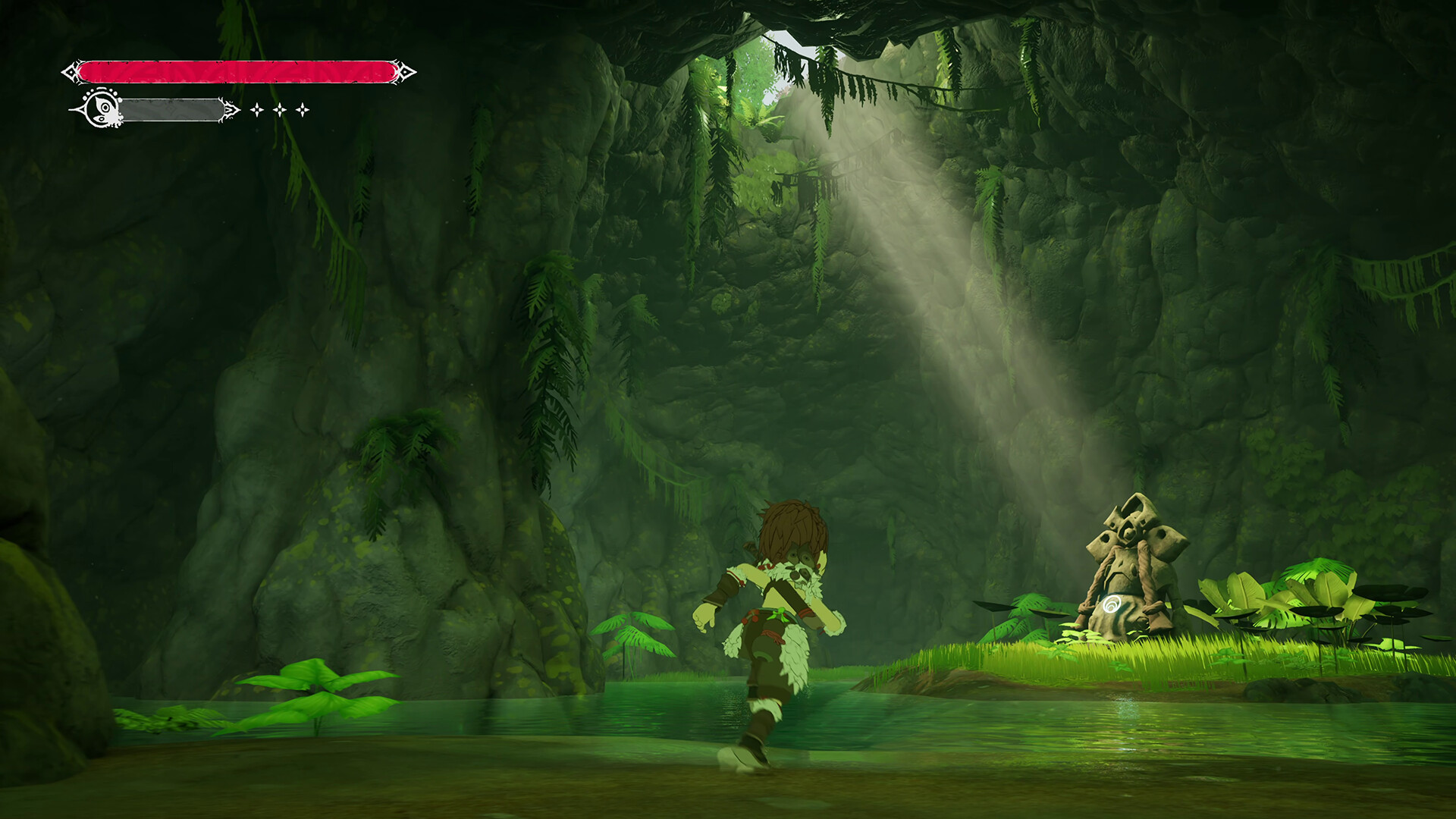 Winds of Viridia screenshot: a sunlit forest grotto with a stone statue.