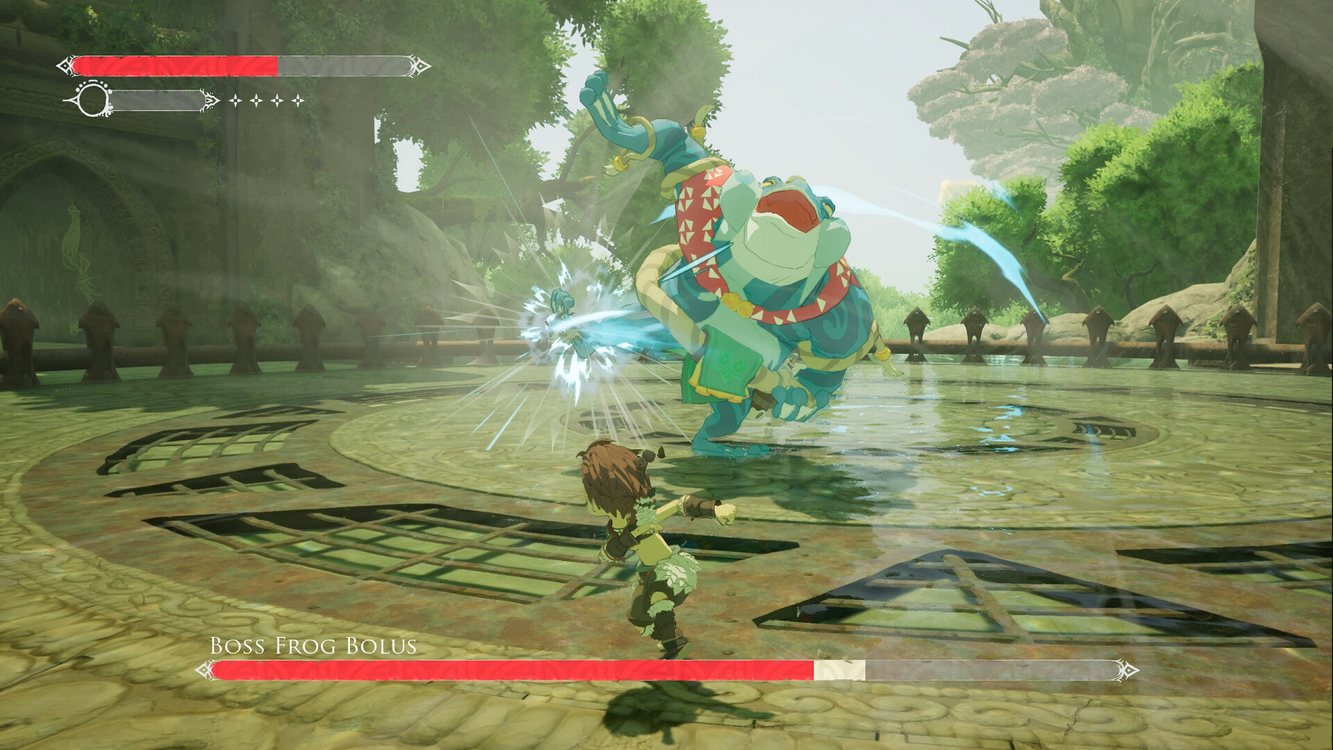 Winds of Viridia screenshot: a boss fight in a circular stone arena.
